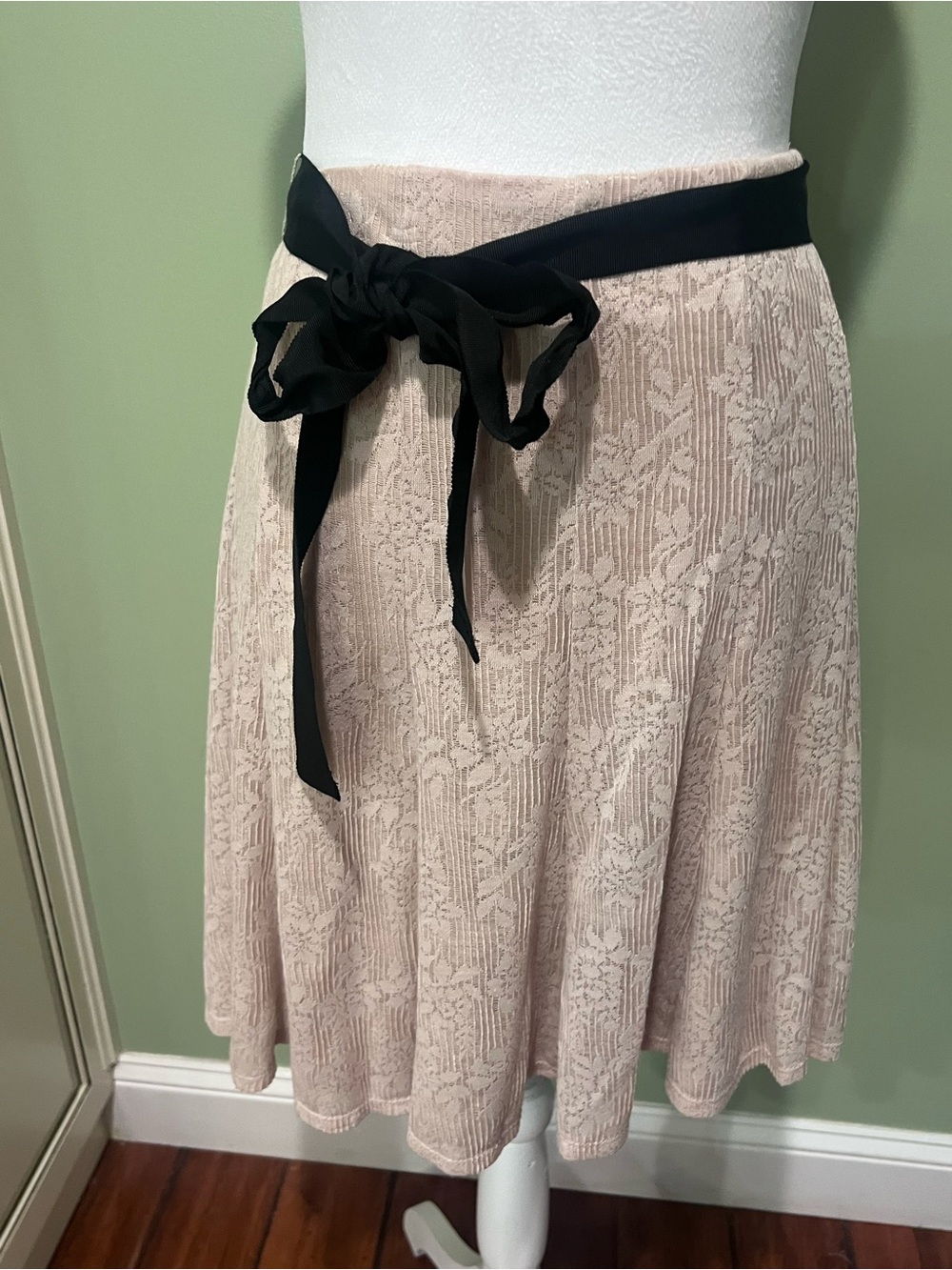 NWT Delicate Blush Lace Skirt with Black Bow Waist